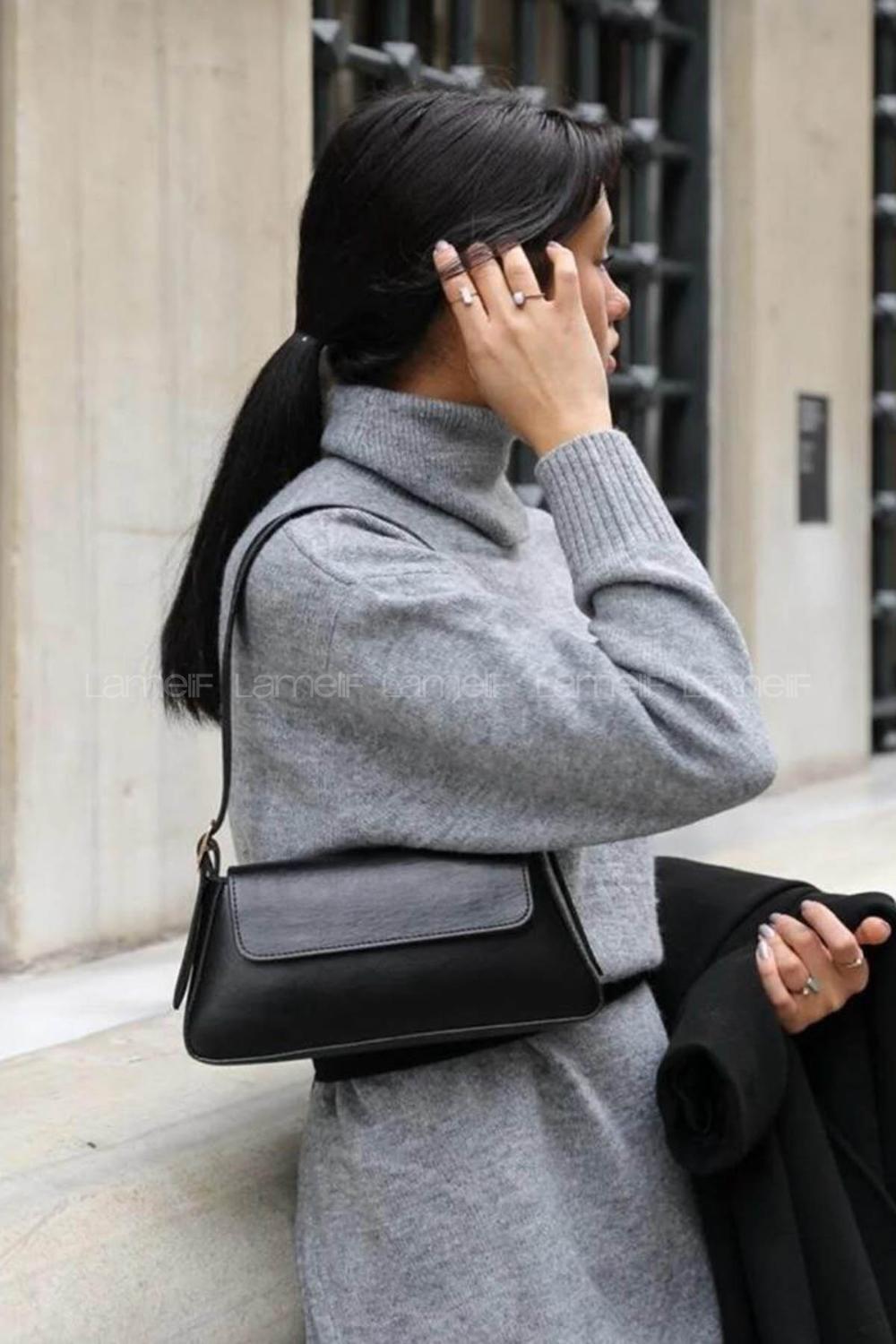 Lamelif Deri Görünümlü Omuz Çantası Kadın Siyah