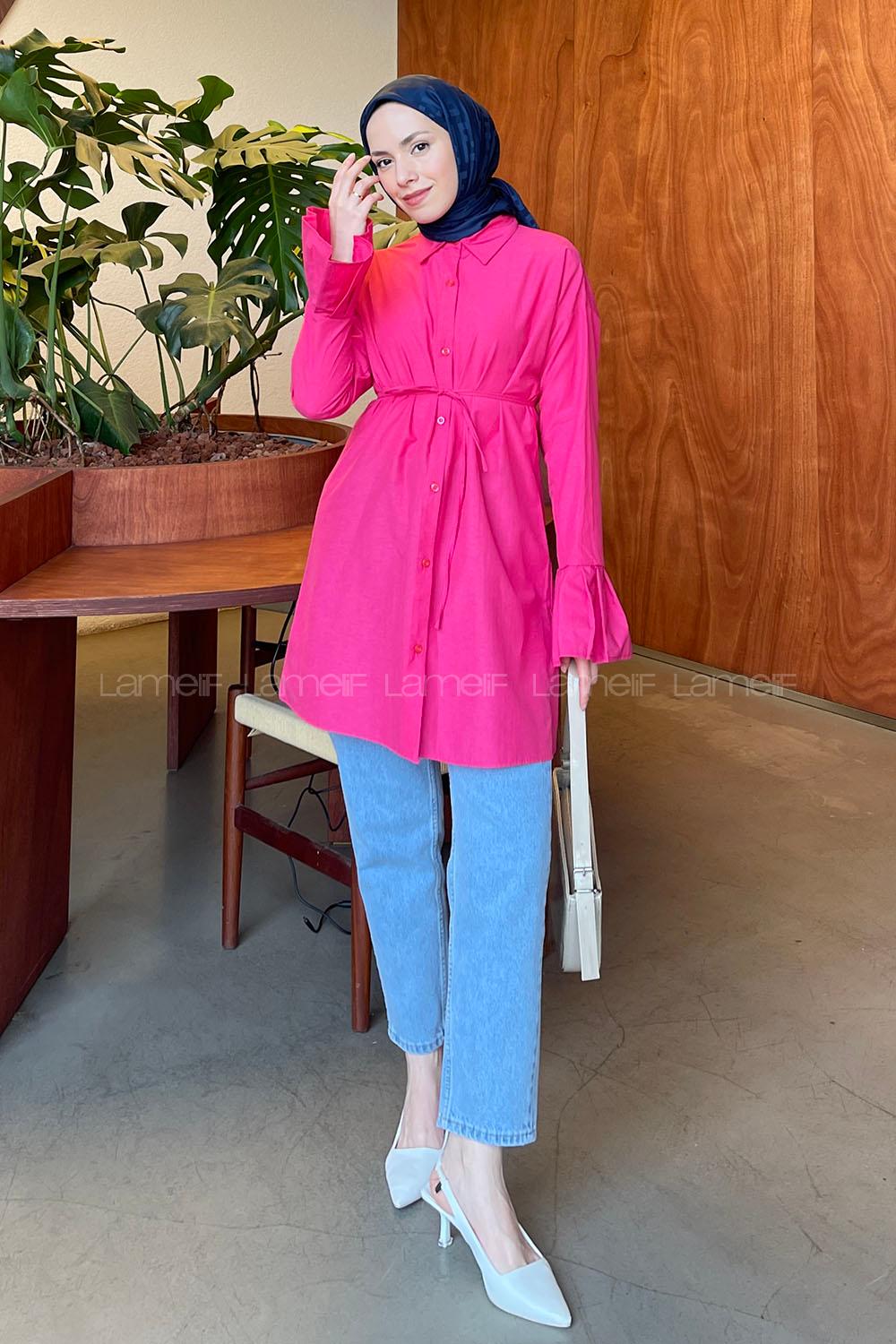 Lamelif Kol Piliseli Gömlek Fuşya