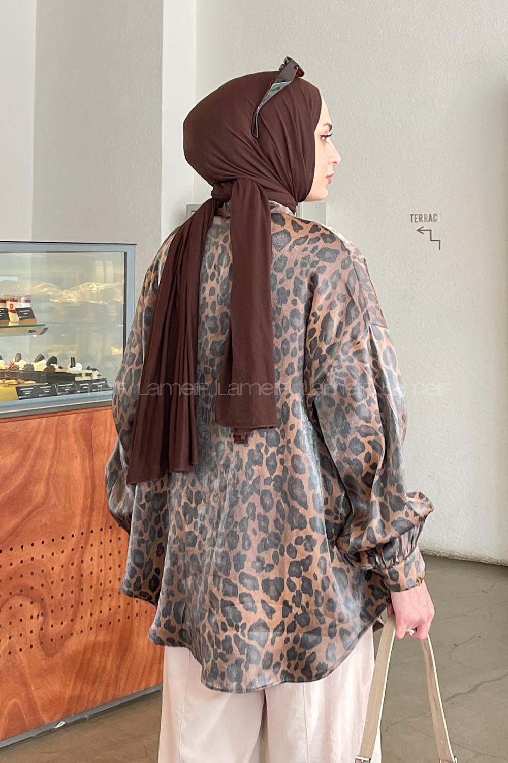 Lamelif Leopar Desenli Saten Gömlek Kahverengi