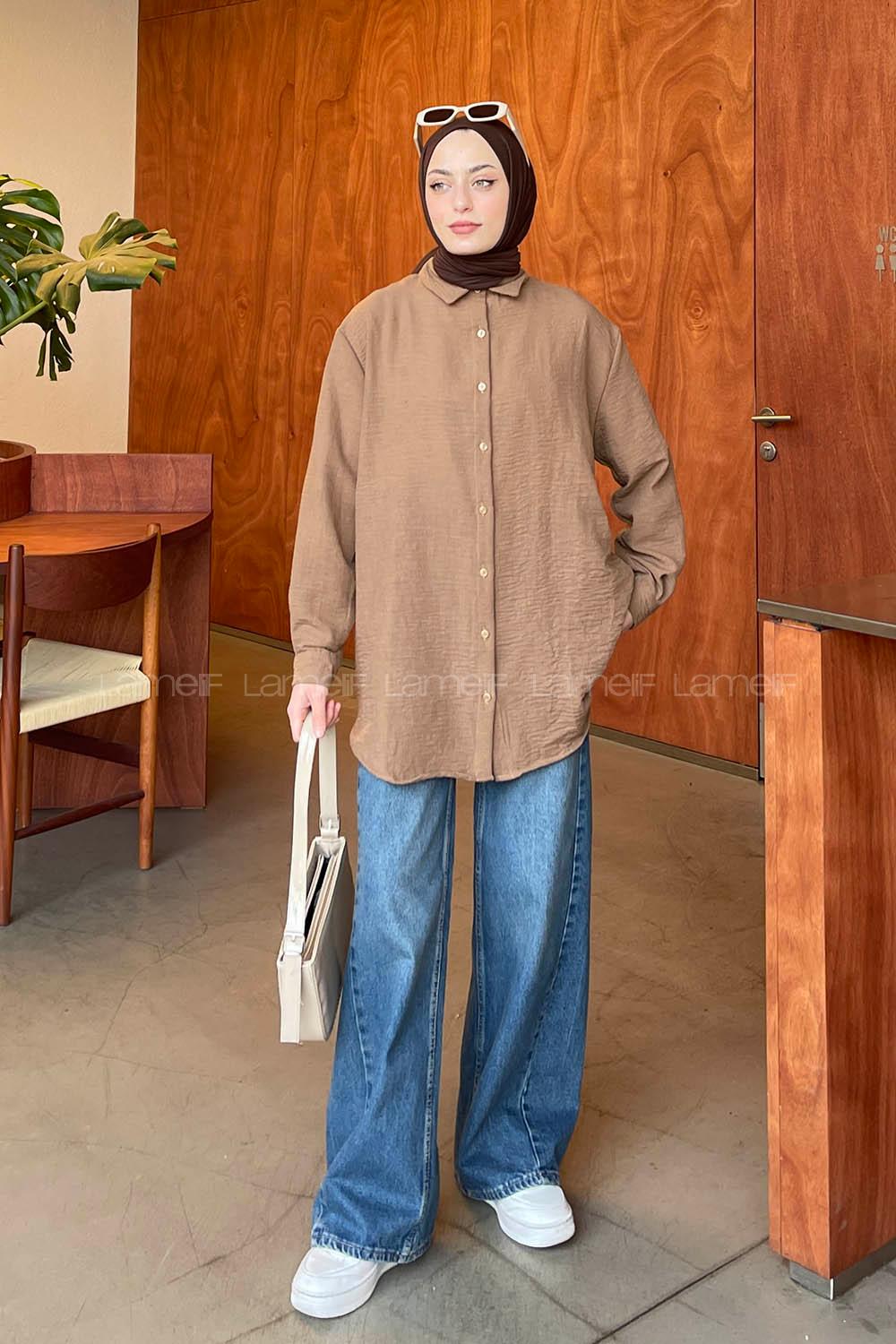 Brown Shirt Collar Long Arm Cotton Unprinted Shirt