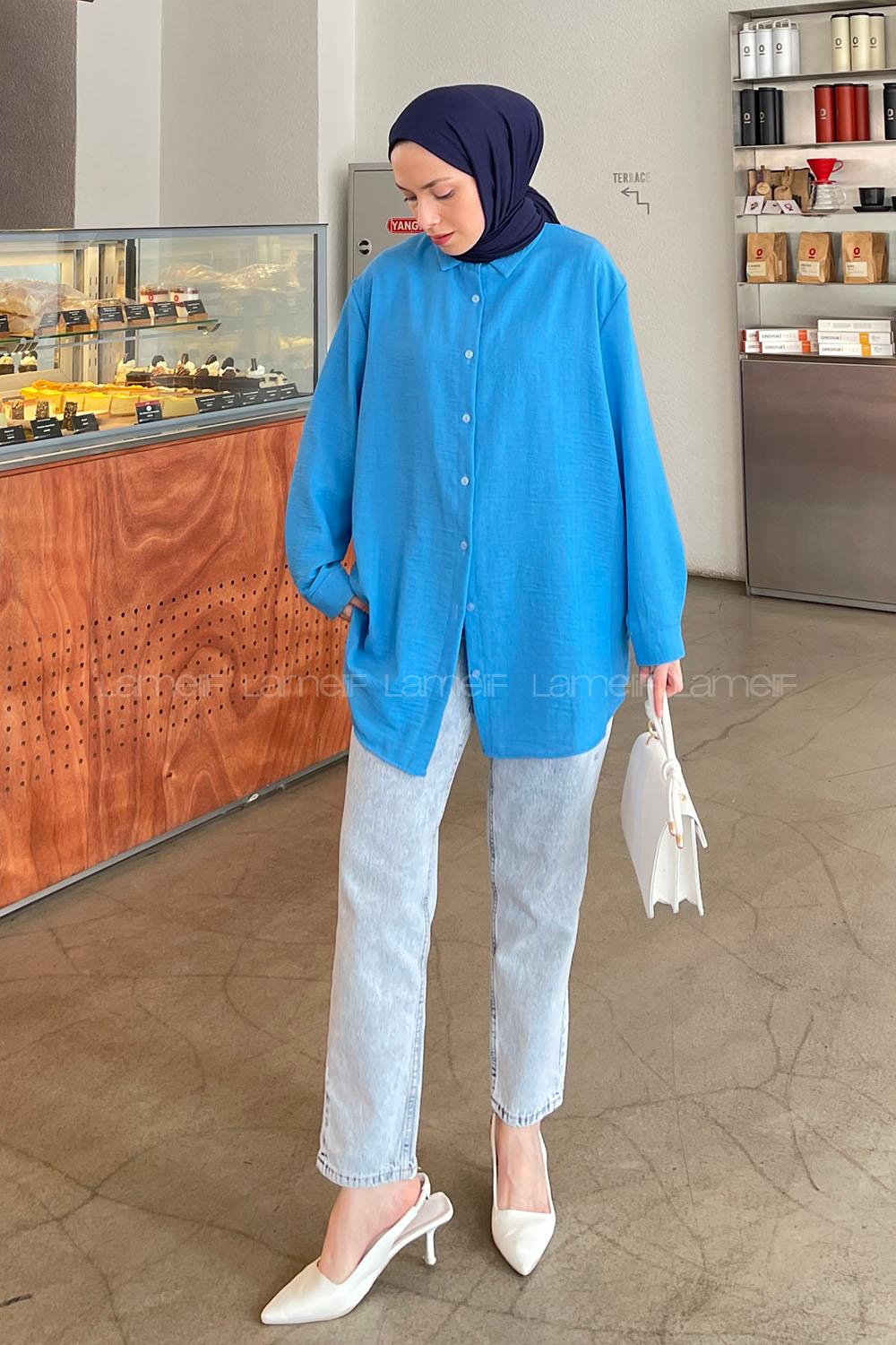 Blue Shirt Collar Long Arm Cotton Unprinted Shirt