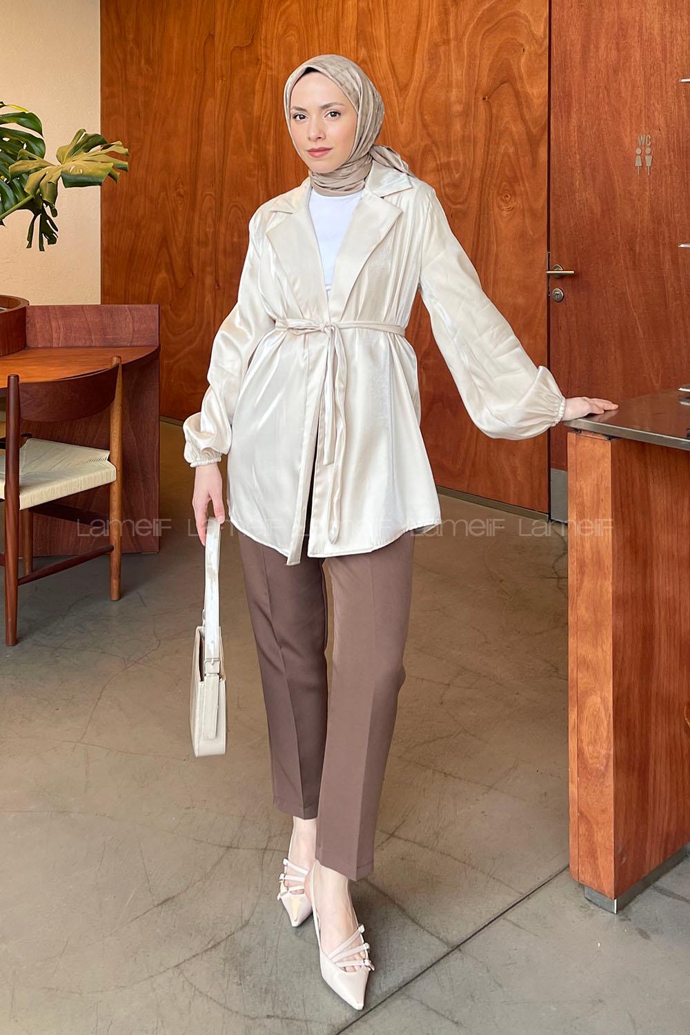 Lamelif Parlak Geçişli Ceket Krem