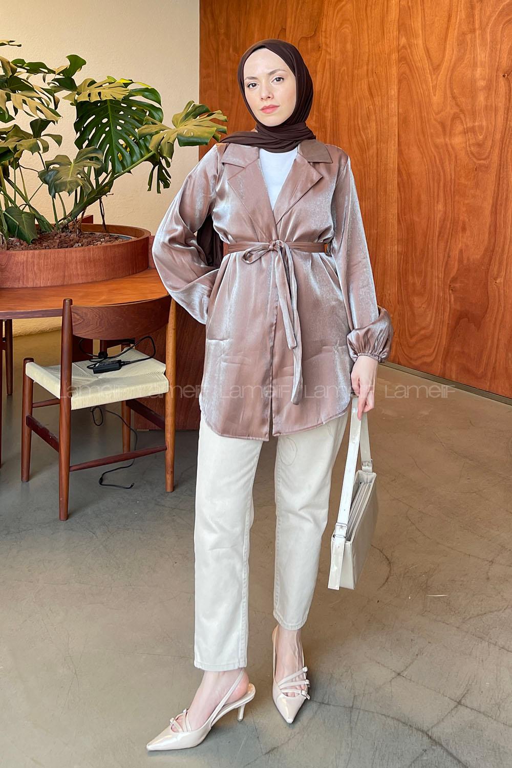 Soft Brown Scarf Neck Long Arm Viscose Fabric Jacket