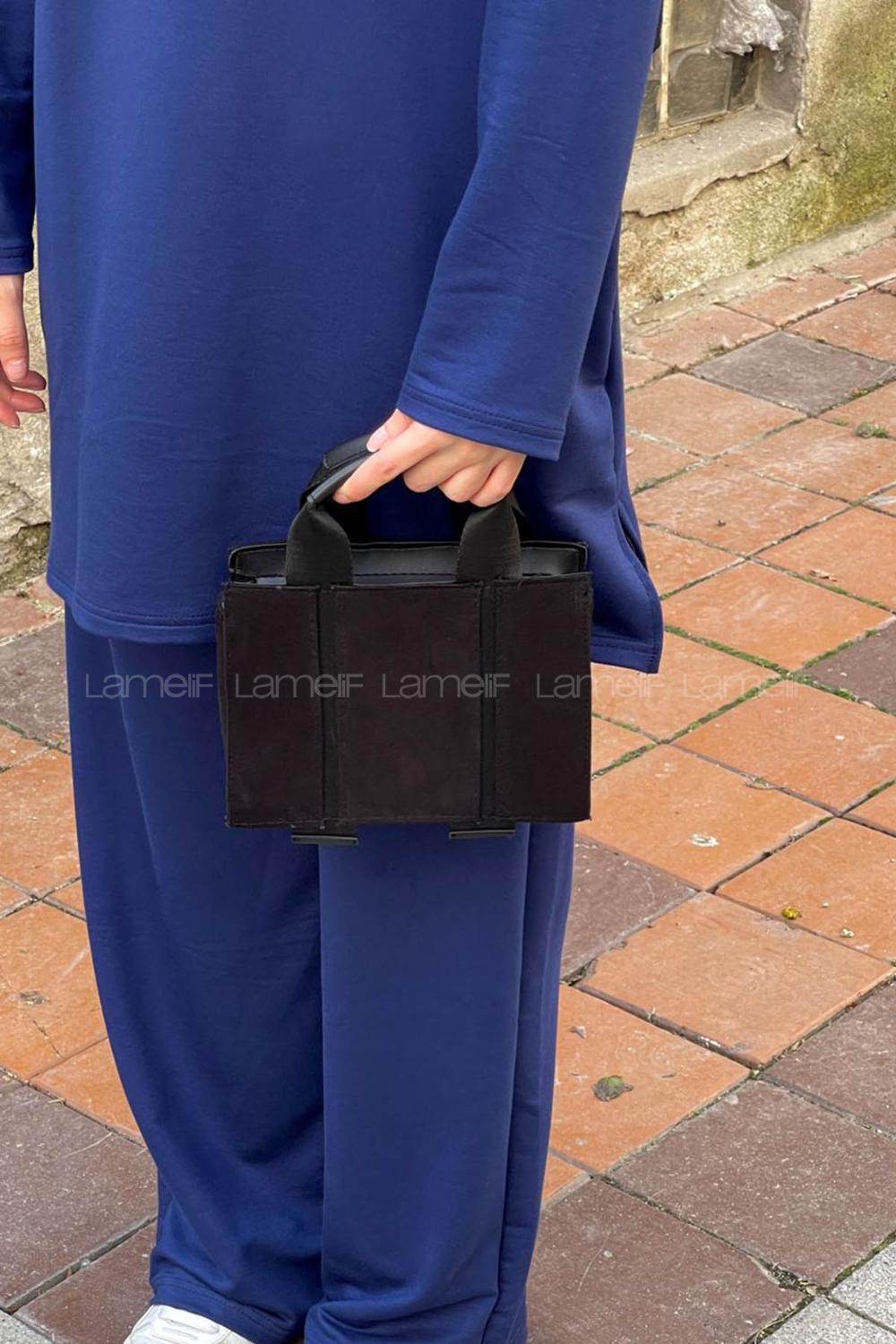 Lamelif Şerit Detaylı Keten El Ve Omuz Çantası Siyah