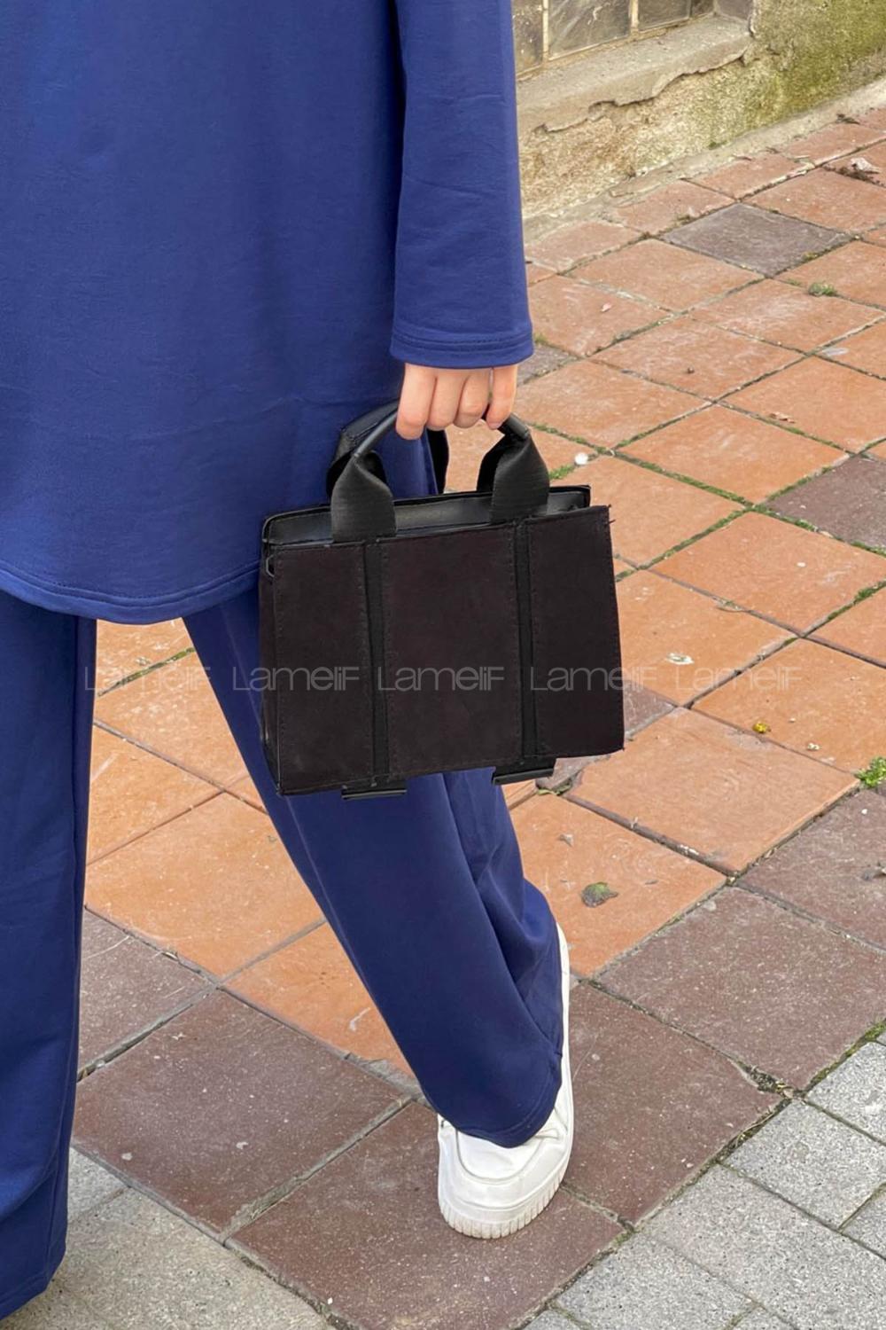 Lamelif Şerit Detaylı Keten El Ve Omuz Çantası Siyah