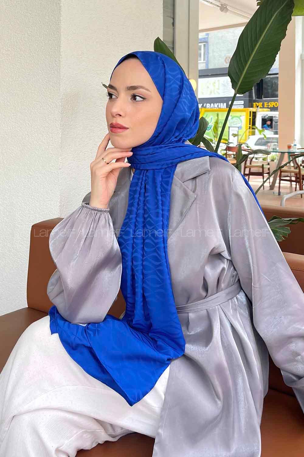 Lamelif Kapadokya Desen Jakar Serisi Şal Saks Mavisi