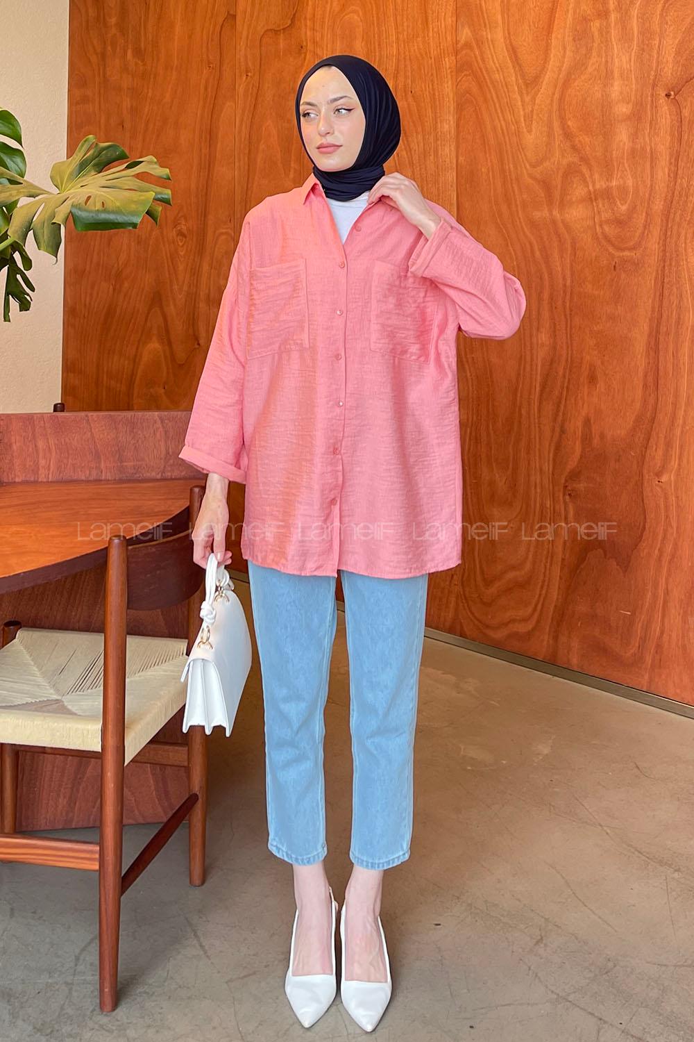 Candy Pink Shirt Collar Long Arm Cotton Unprinted Shirt