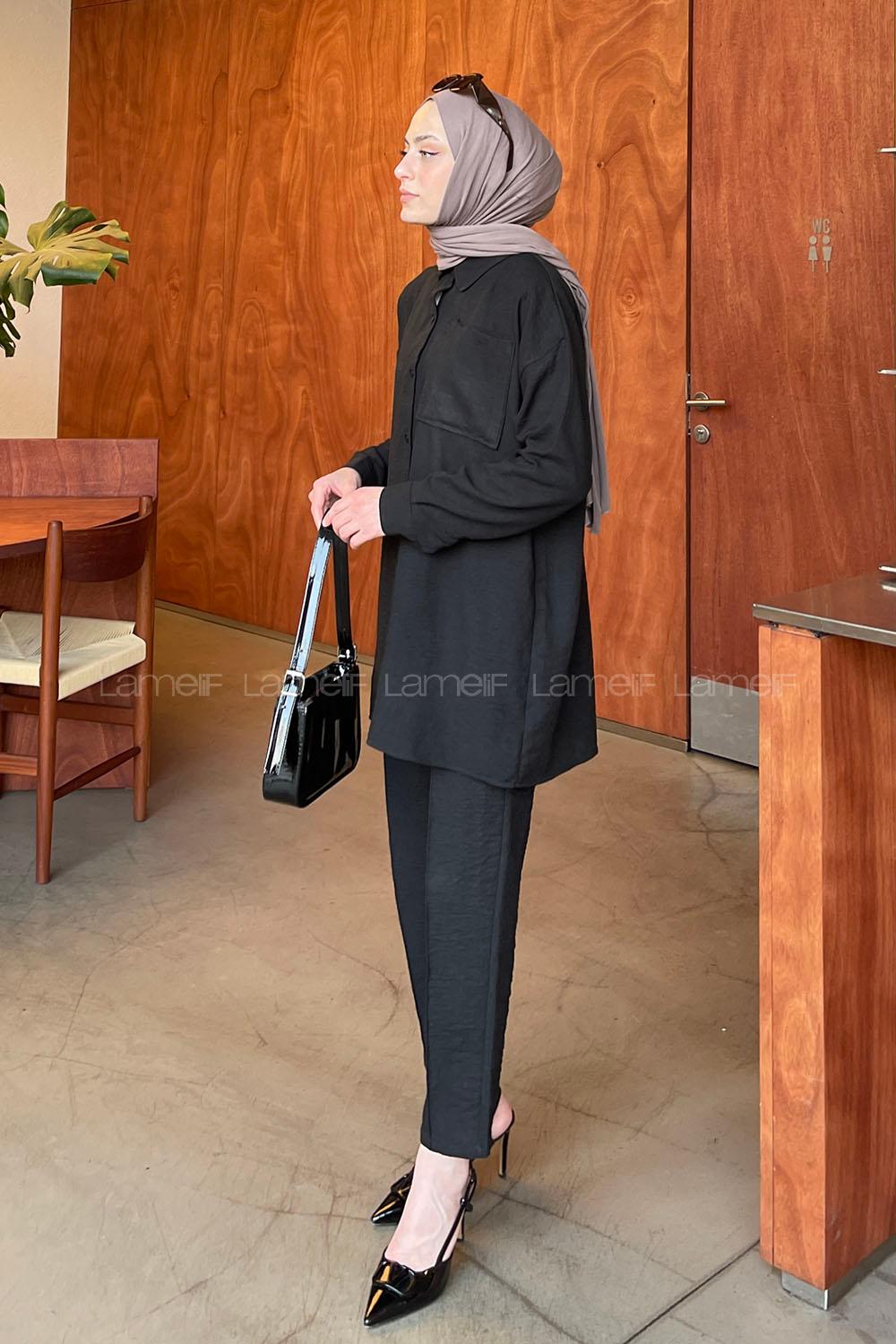 Black Shirt Collar Long Arm Without Accessories Ayrobin Trousers Comfortable Suit