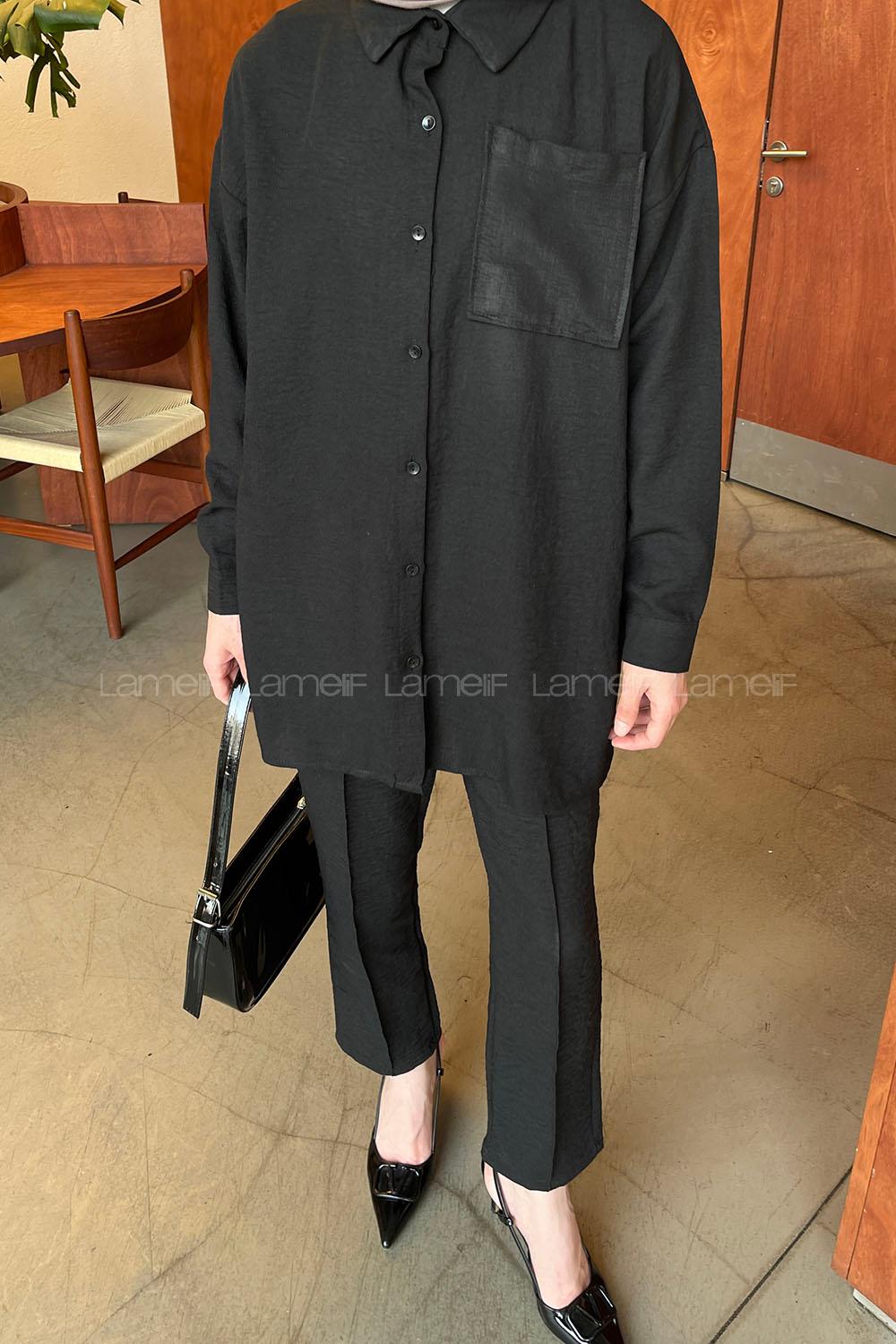 Black Shirt Collar Long Arm Without Accessories Ayrobin Trousers Comfortable Suit