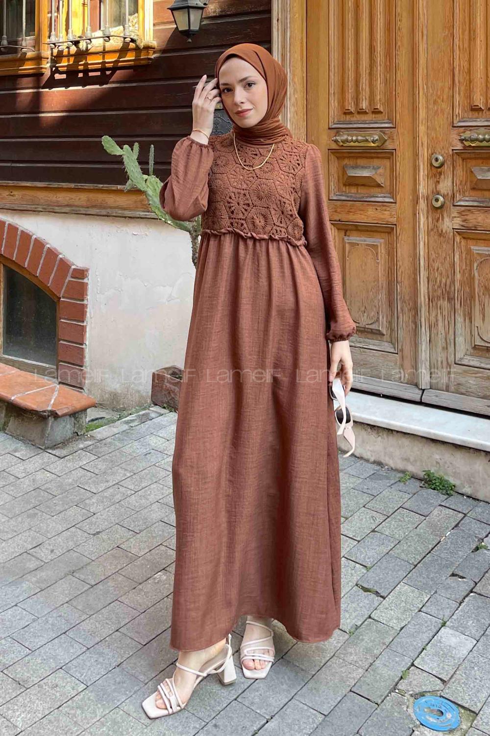 Lamelif Brode Elbise Kahverengi