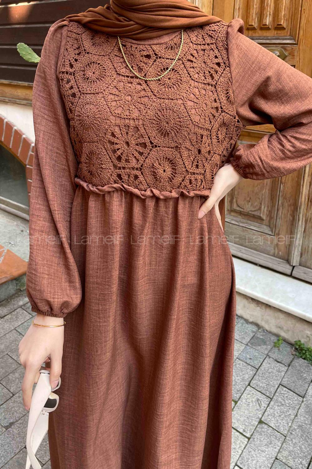 Lamelif Brode Elbise Kahverengi