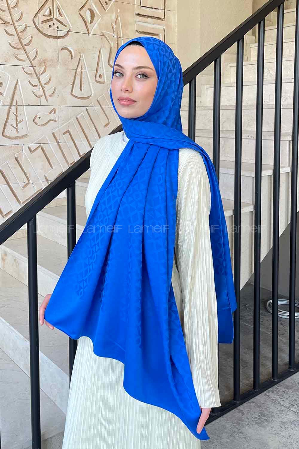 Lamelif Etnic Desen Jakar Serisi Şal Saks Mavisi