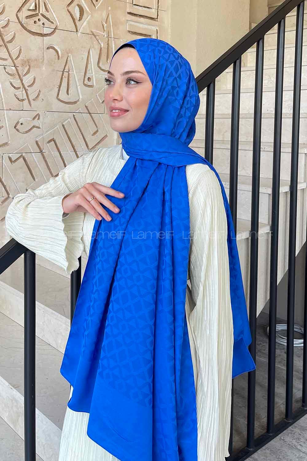 Lamelif Etnic Desen Jakar Serisi Şal Saks Mavisi