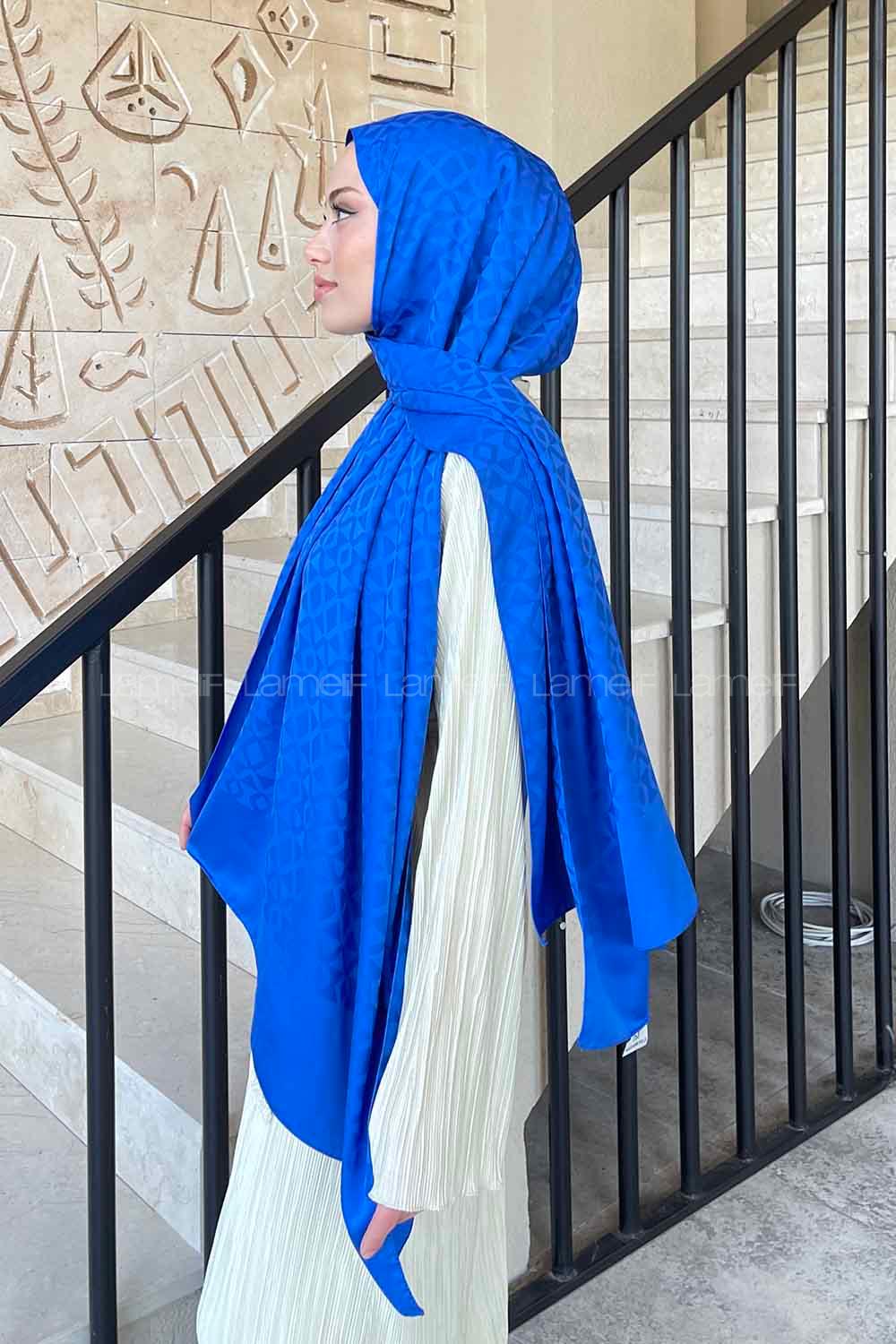 Lamelif Etnic Desen Jakar Serisi Şal Saks Mavisi