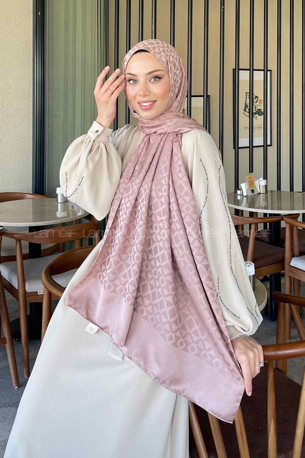 Lamelif Etnic Desen Jakar Serisi Şal Soft Pudra