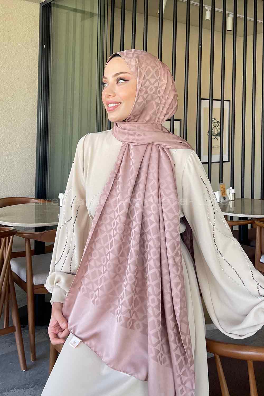 Lamelif Etnic Desen Jakar Serisi Şal Soft Pudra