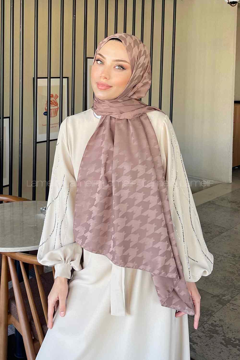 Lamelif Kazayağı Desen Jakar Serisi Şal Soft Kahve