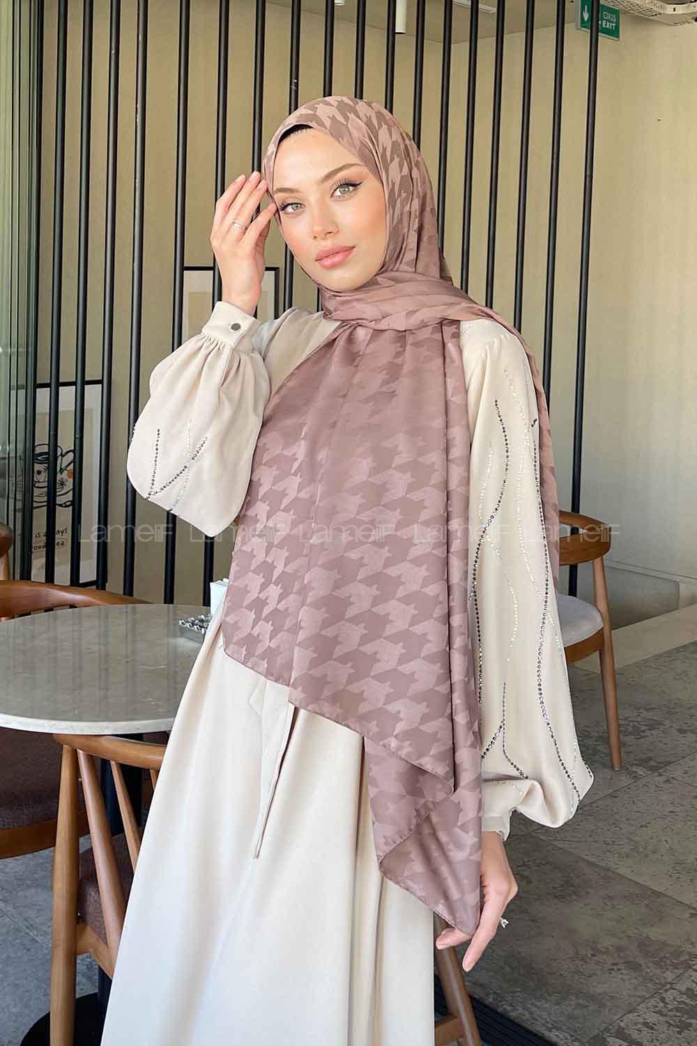 Lamelif Kazayağı Desen Jakar Serisi Şal Soft Kahve