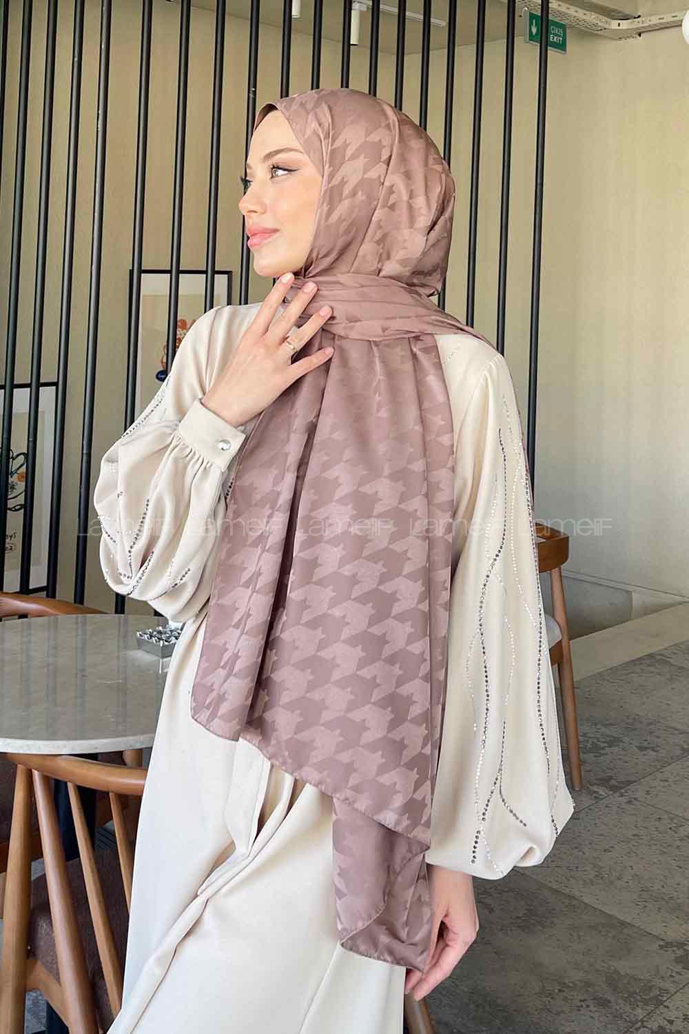 Lamelif Kazayağı Desen Jakar Serisi Şal Soft Kahve