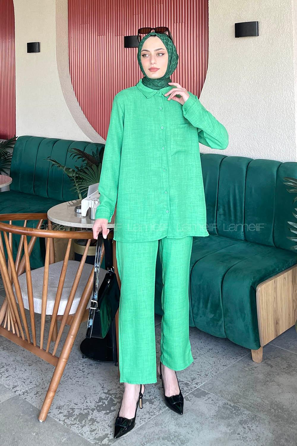 Green Shirt Collar Long Arm Cotton Lycra Regular Trousers Suit
