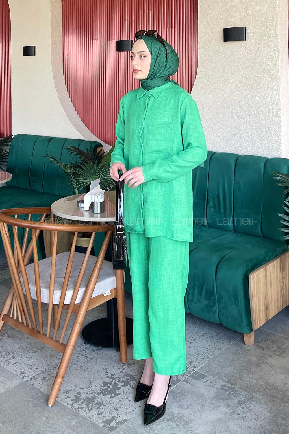 Green Shirt Collar Long Arm Cotton Lycra Regular Trousers Suit