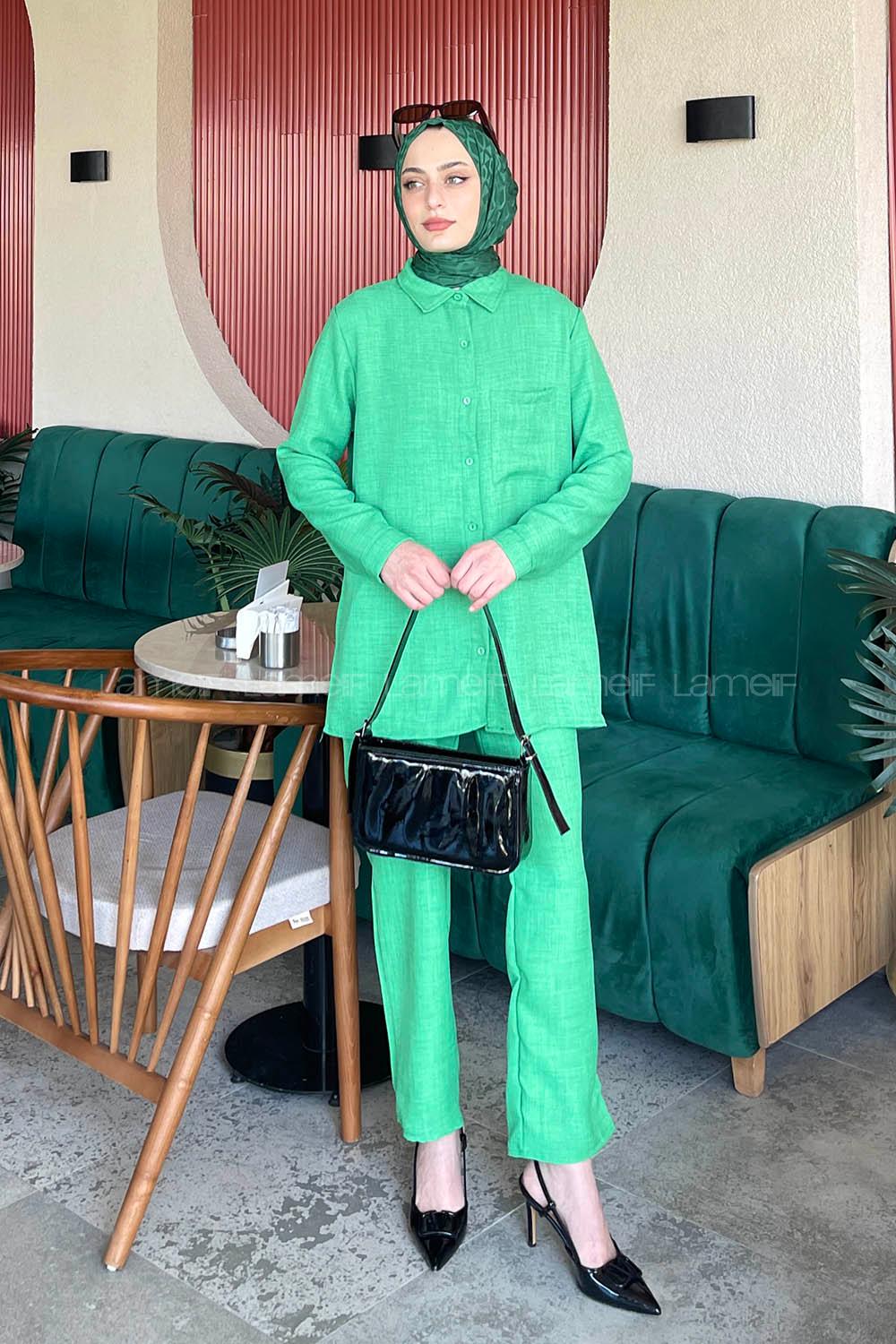 Green Shirt Collar Long Arm Cotton Lycra Regular Trousers Suit