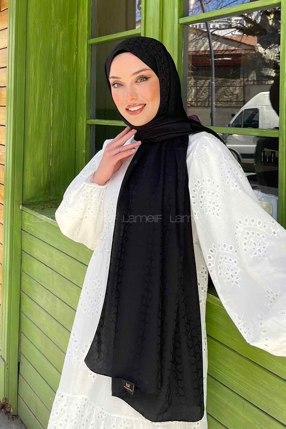 Lamelif Bloom Desen Jakar Serisi Şal Siyah