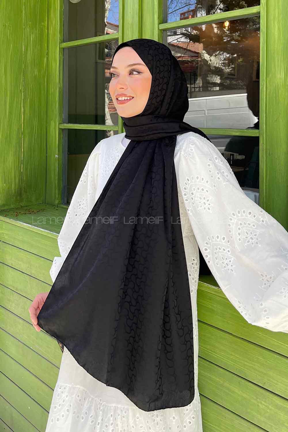 Lamelif Bloom Desen Jakar Serisi Şal Siyah