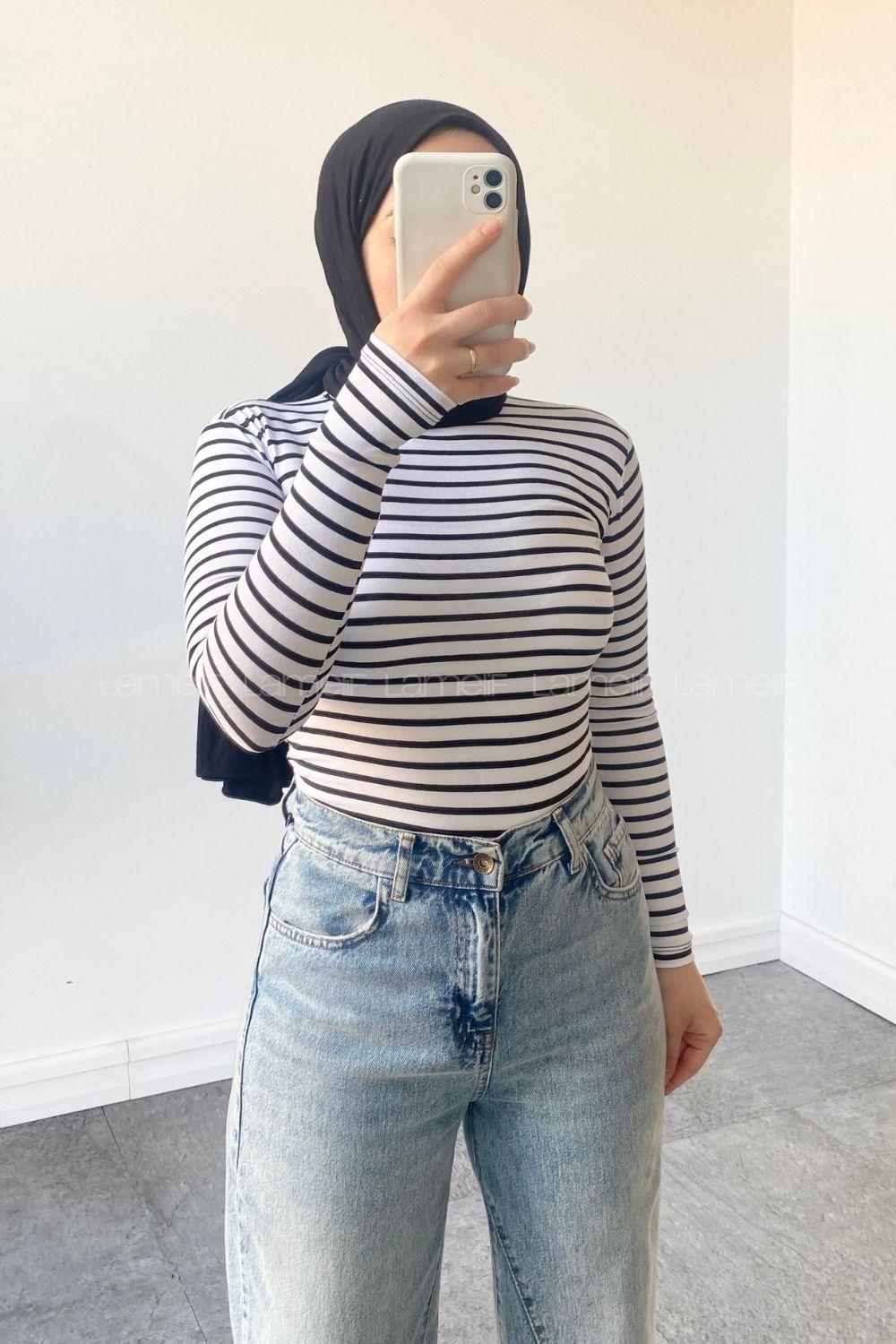 Lamelif Yarım Balıkçı Yaka Çizgili Body Beyaz