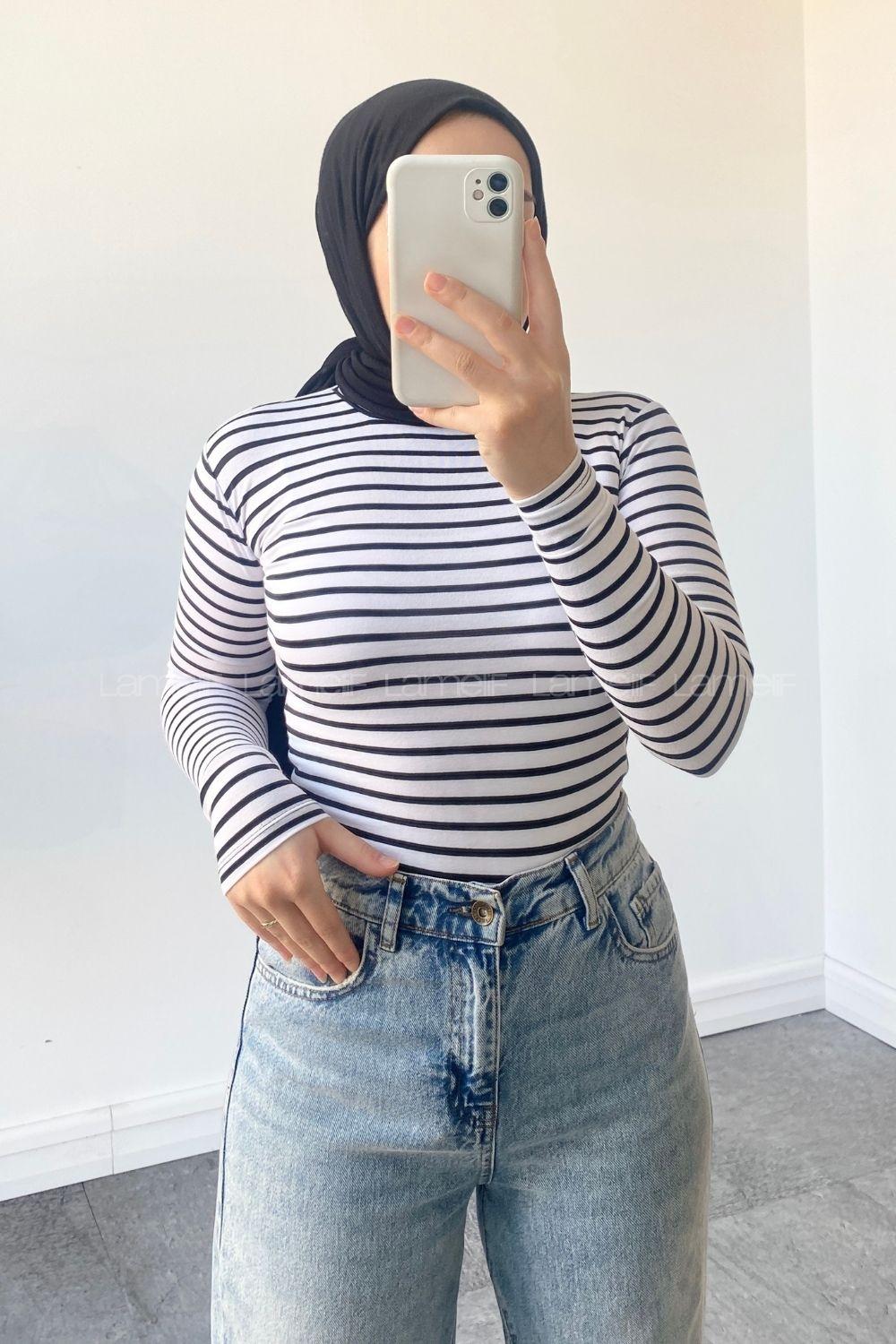 Lamelif Yarım Balıkçı Yaka Çizgili Body Beyaz