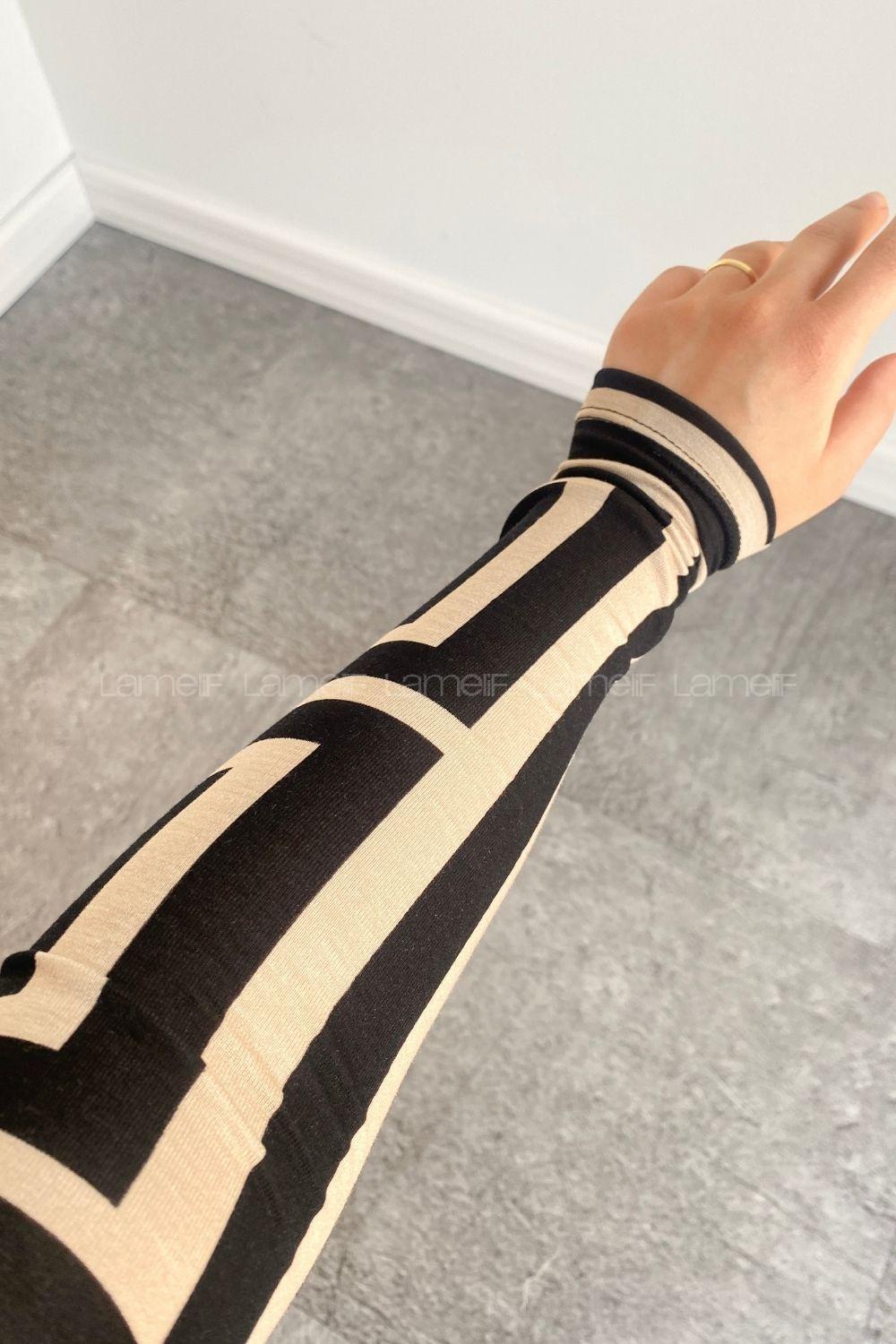 Lamelif Yarım Balıkçı Yaka Geometrik Desen Body Bej