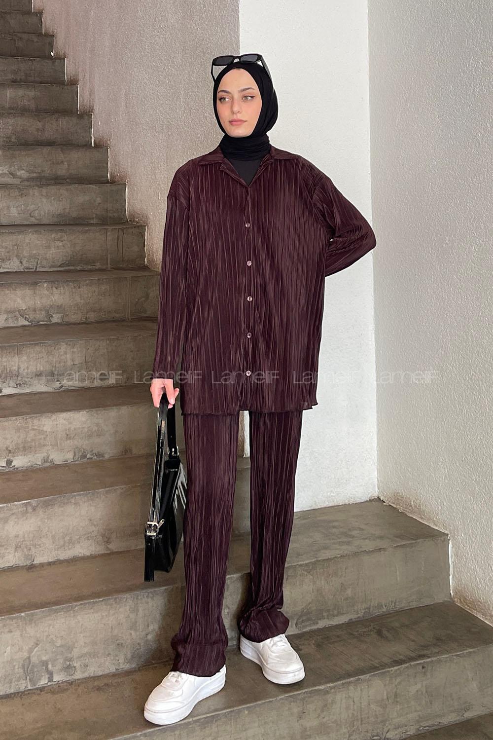 Eggplant Purple Shirt Collar Long Arm Viscose Fabric Regular Trousers Comfortable Suit