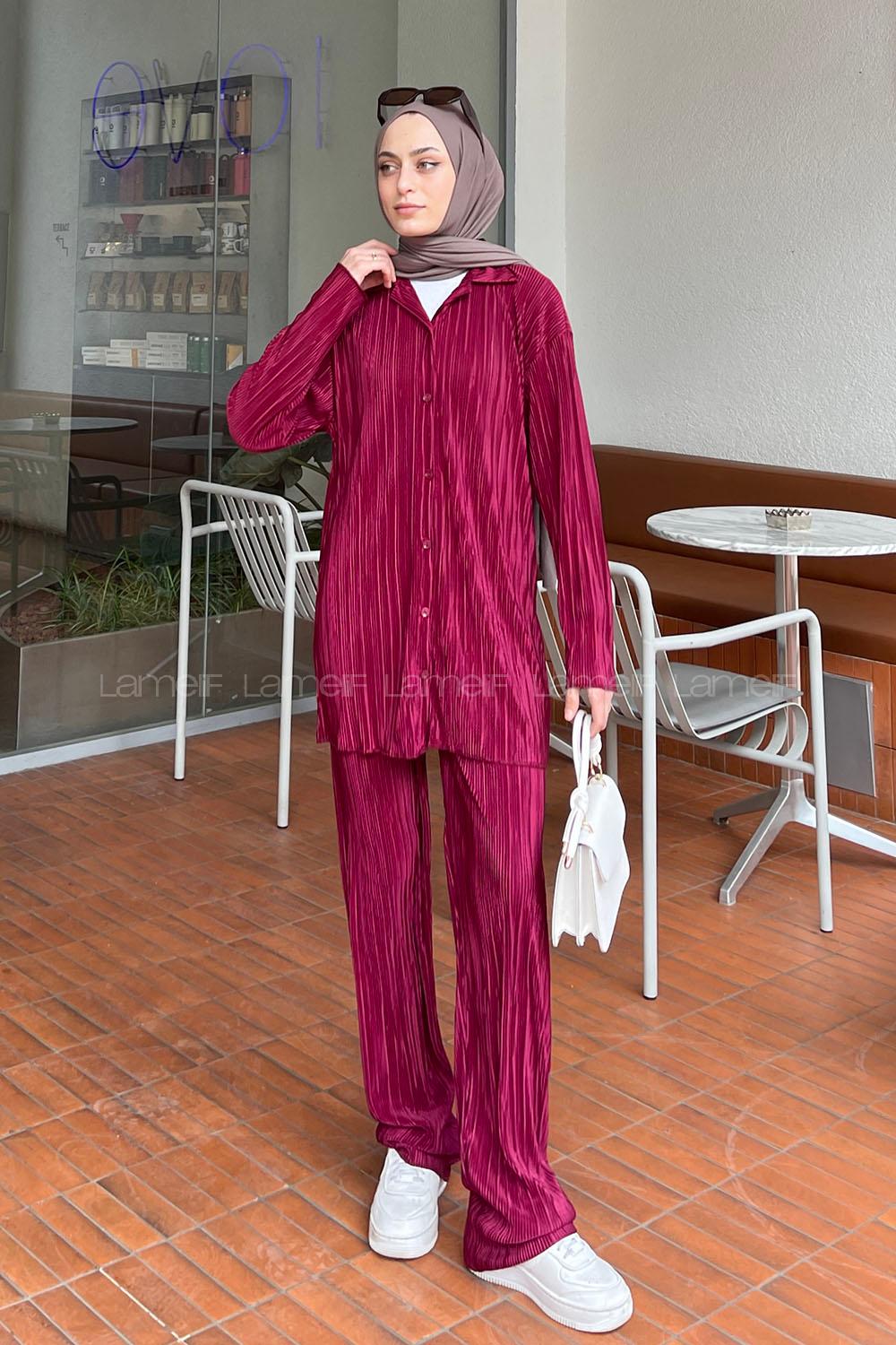 Sour Cherry Shirt Collar Long Arm Viscose Fabric Regular Trousers Comfortable Suit