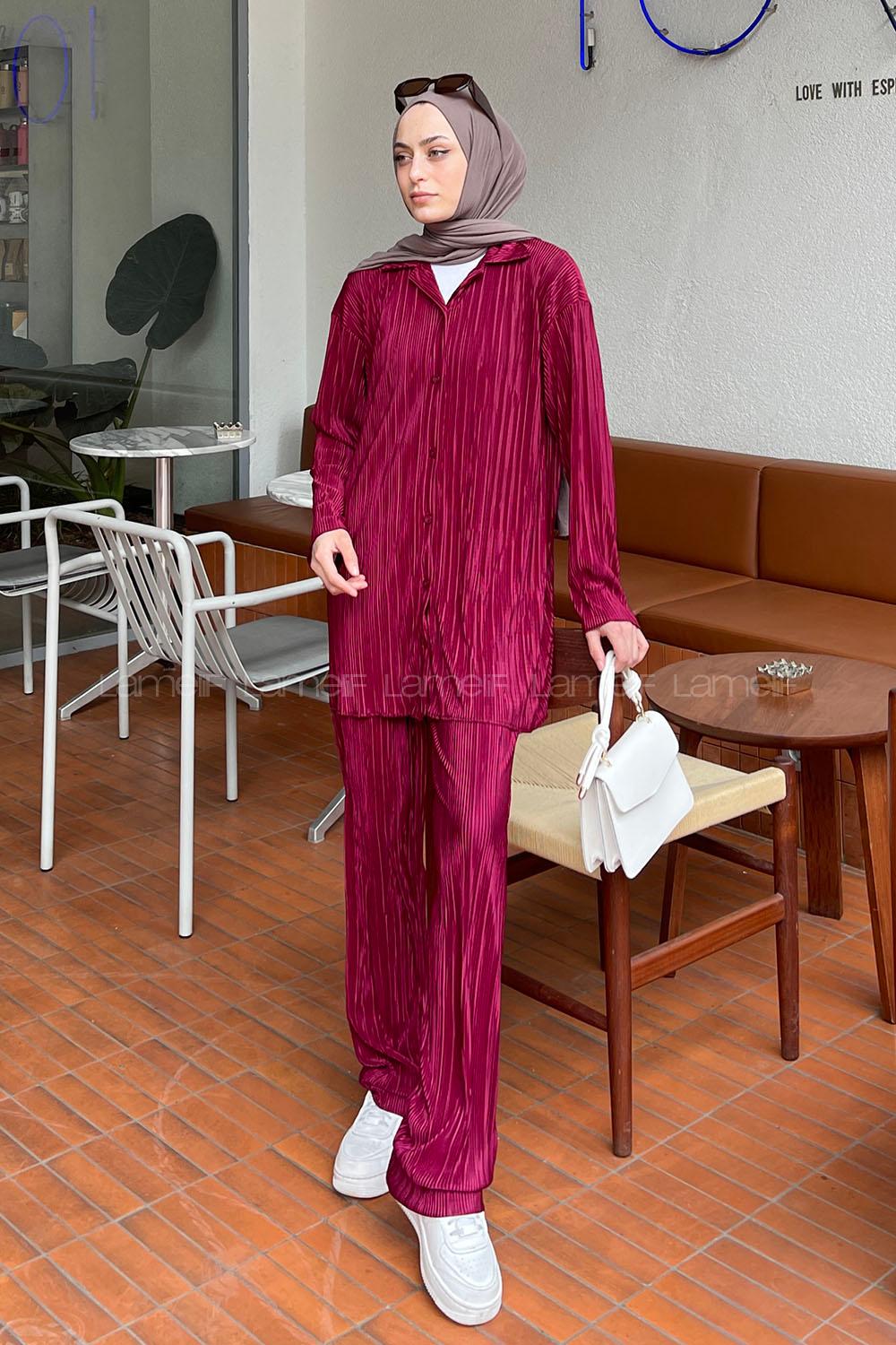 Sour Cherry Shirt Collar Long Arm Viscose Fabric Regular Trousers Comfortable Suit