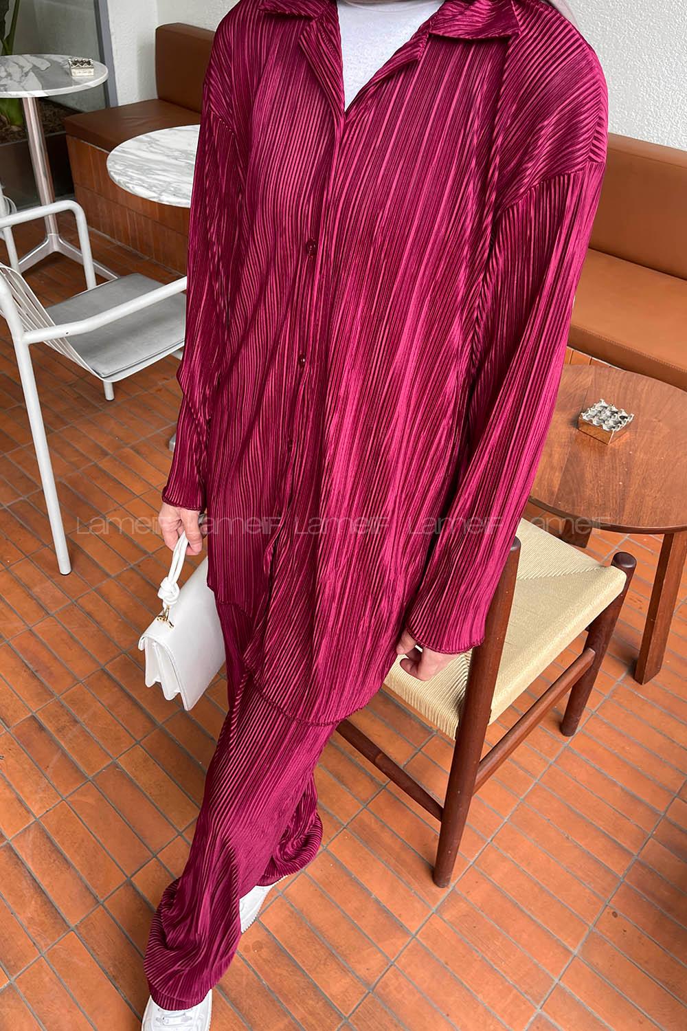Sour Cherry Shirt Collar Long Arm Viscose Fabric Regular Trousers Comfortable Suit