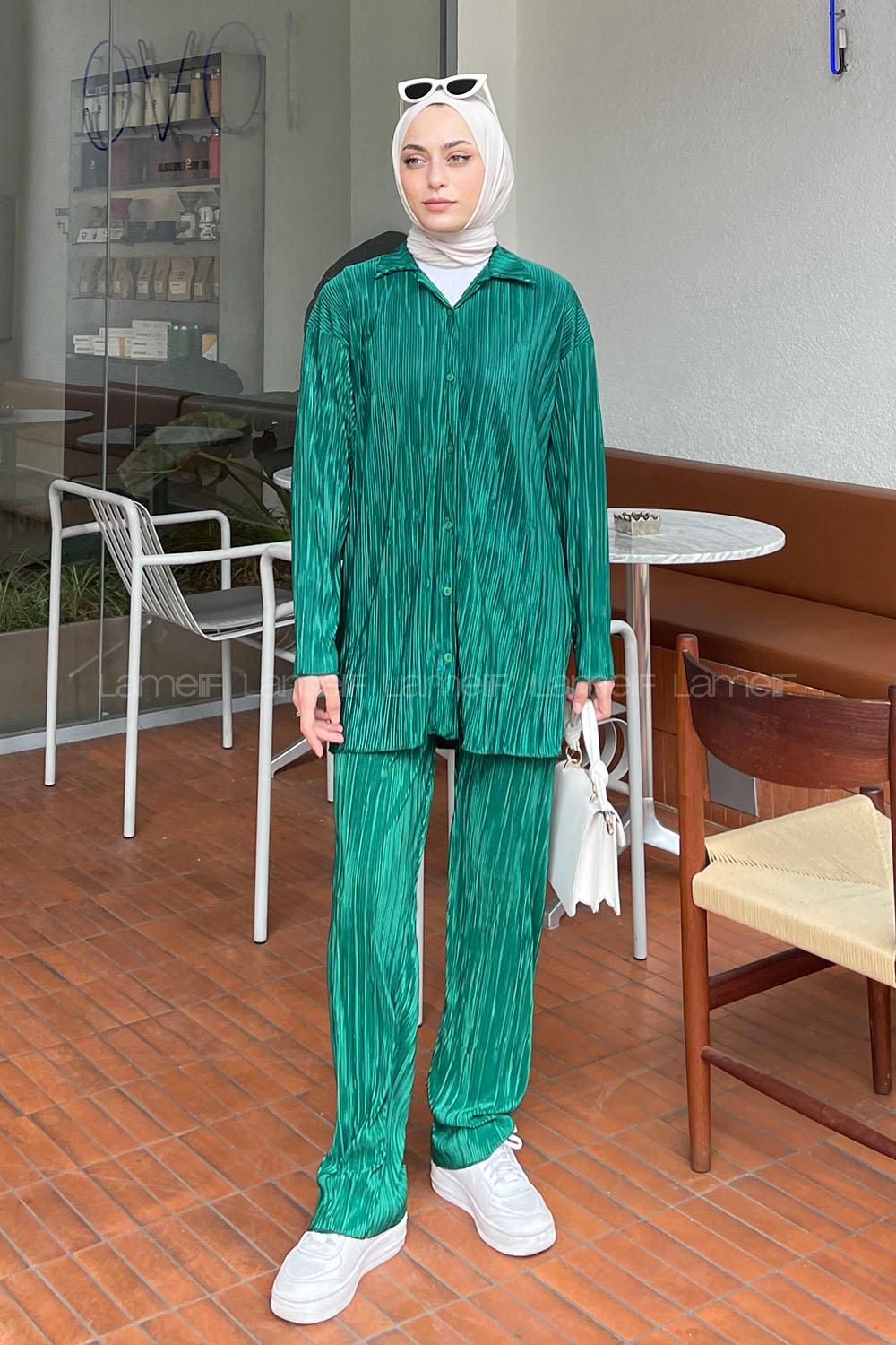 Green Shirt Collar Long Arm Viscose Fabric Regular Trousers Comfortable Suit