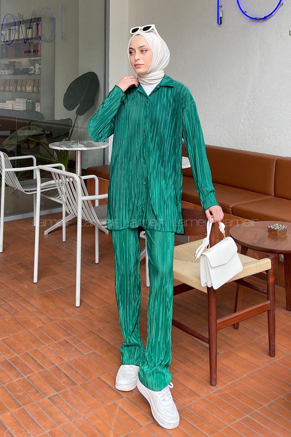 Green Shirt Collar Long Arm Viscose Fabric Regular Trousers Comfortable Suit