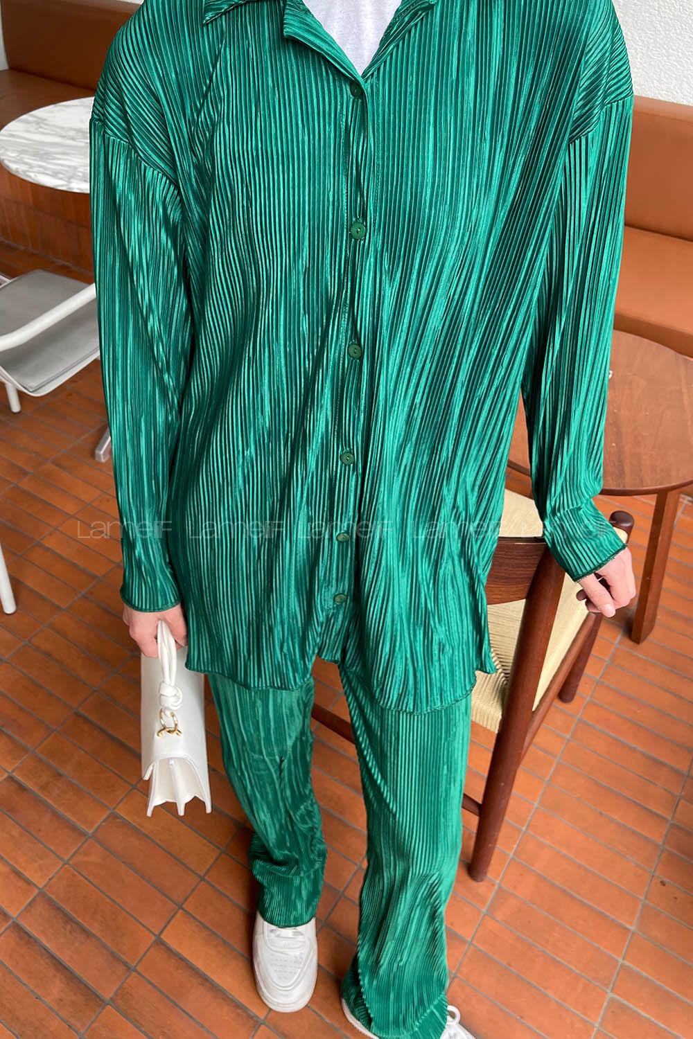 Green Shirt Collar Long Arm Viscose Fabric Regular Trousers Comfortable Suit