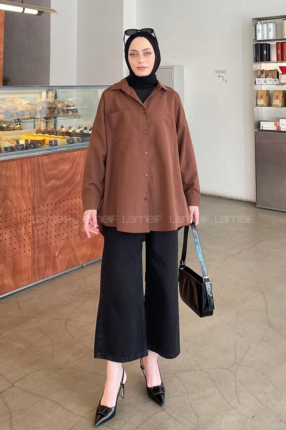 Lamelif Tek Cep Detaylı Oversize Gömlek Kahverengi