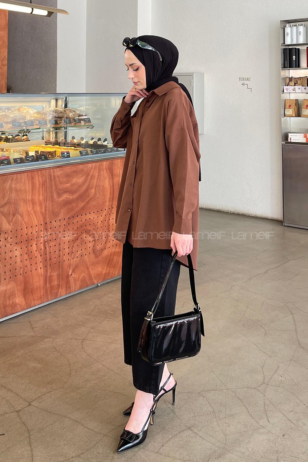 Lamelif Tek Cep Detaylı Oversize Gömlek Kahverengi