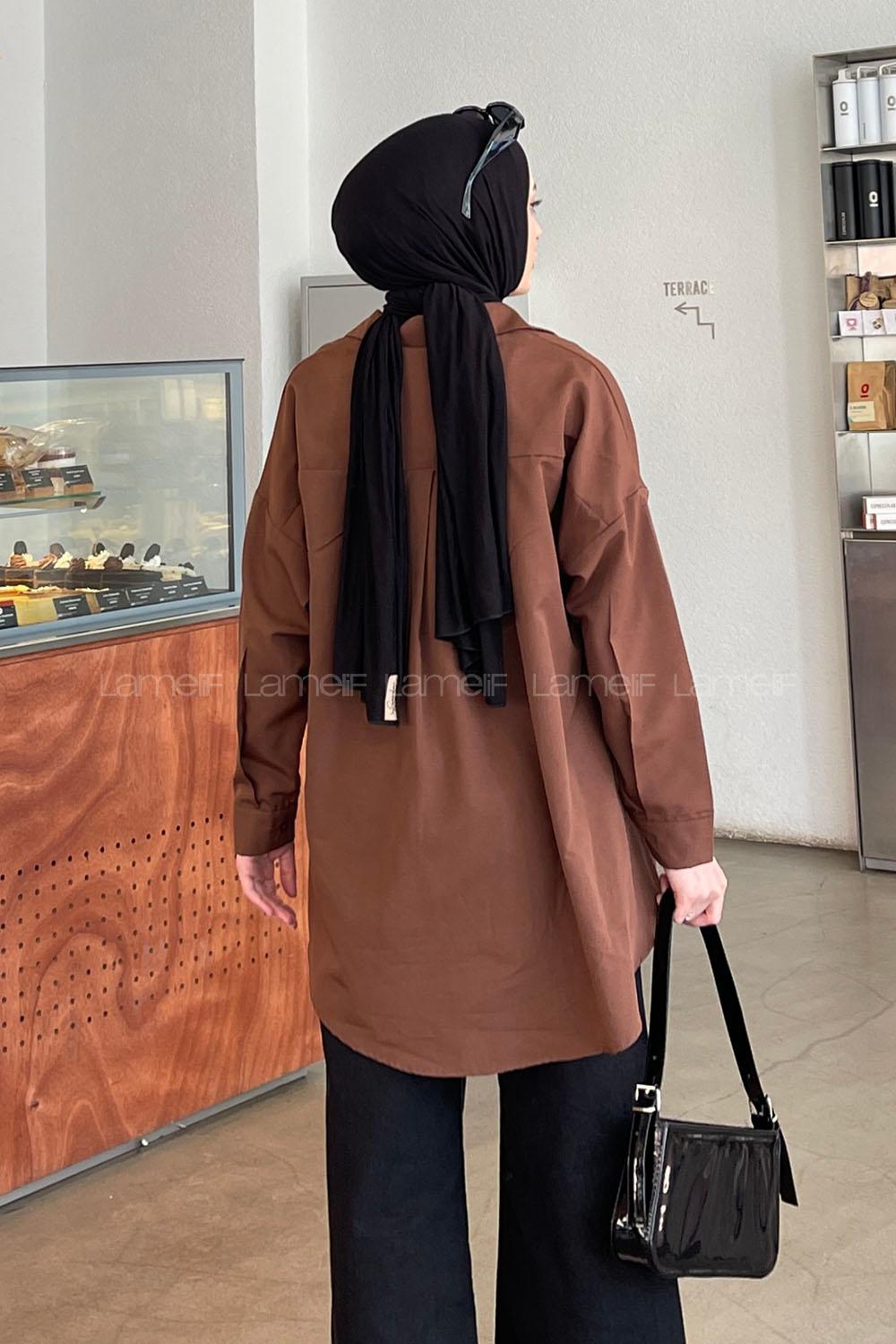 Lamelif Tek Cep Detaylı Oversize Gömlek Kahverengi