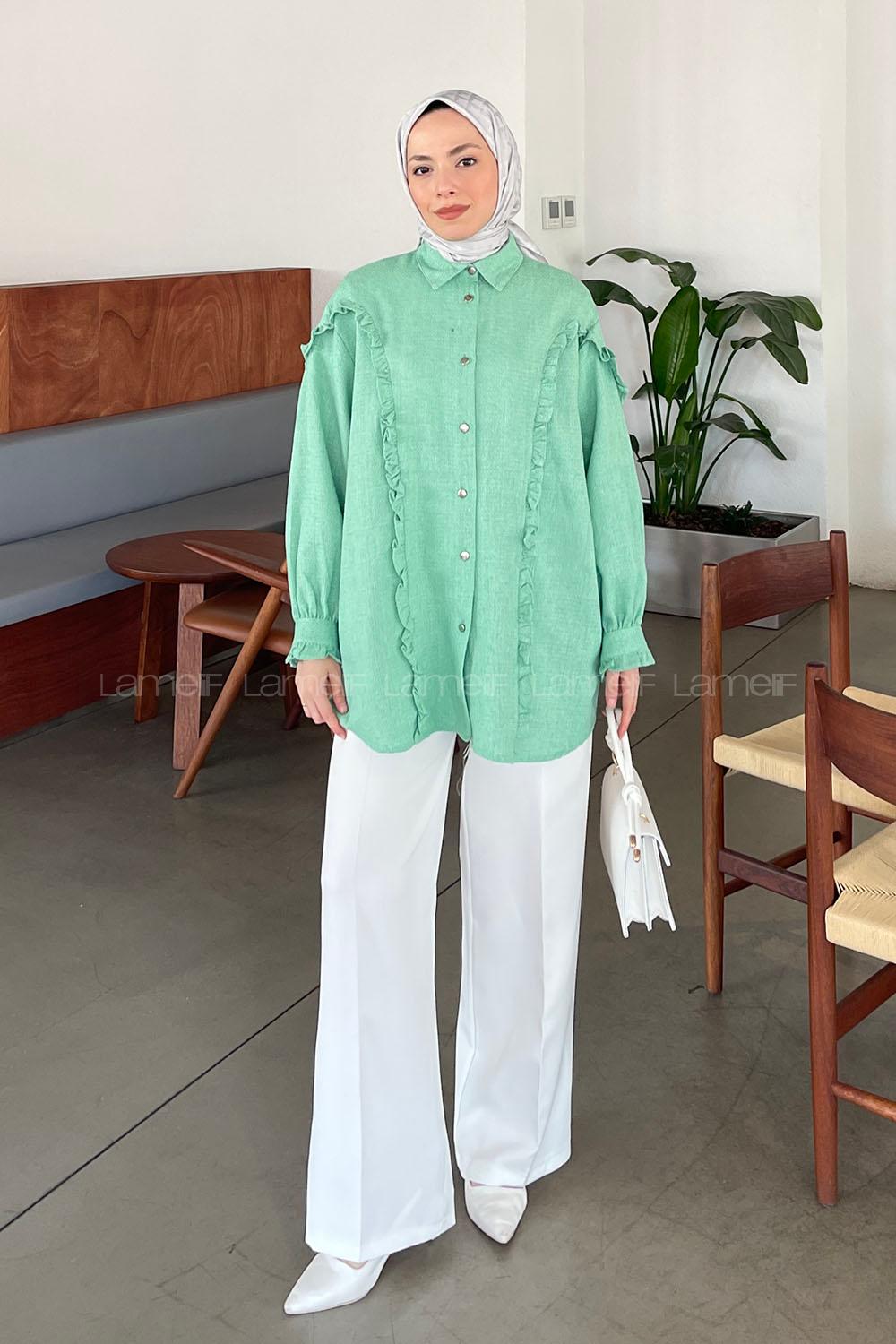 Lamelif Fırfır Detaylı Keten Gömlek Yeşil