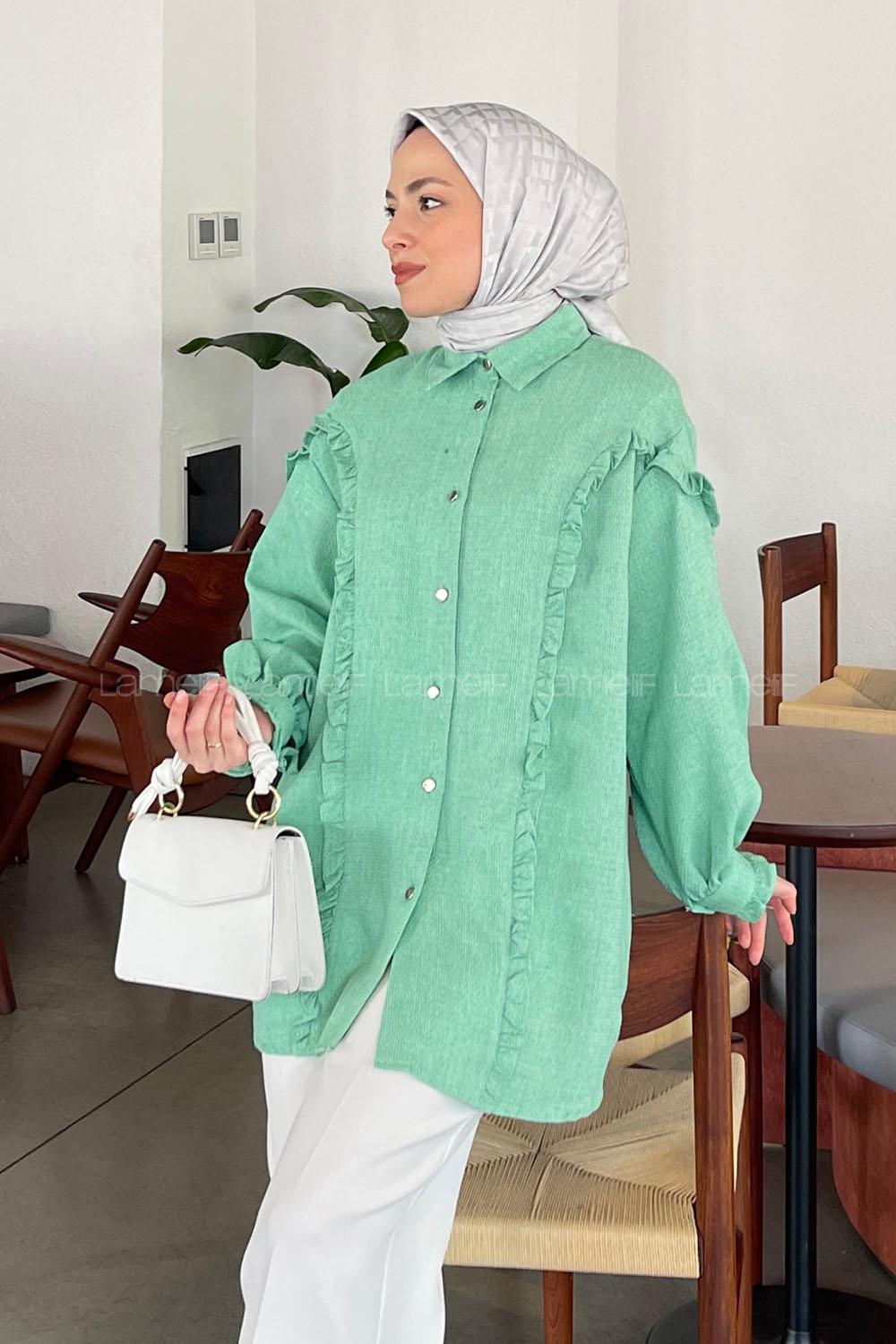 Lamelif Fırfır Detaylı Keten Gömlek Yeşil