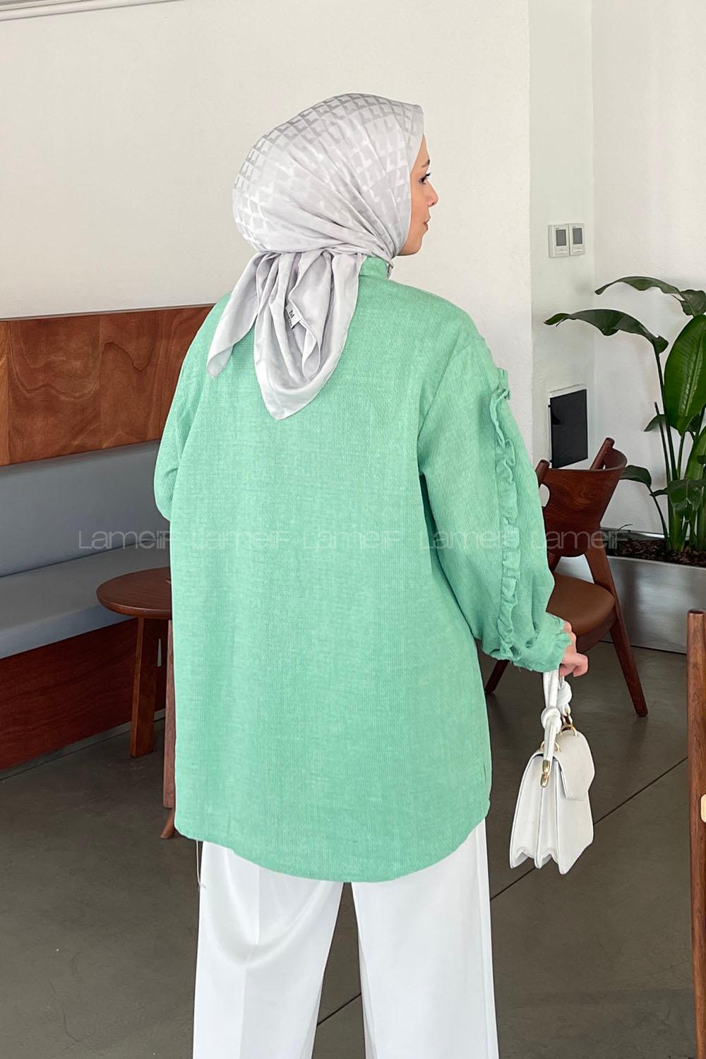 Lamelif Fırfır Detaylı Keten Gömlek Yeşil