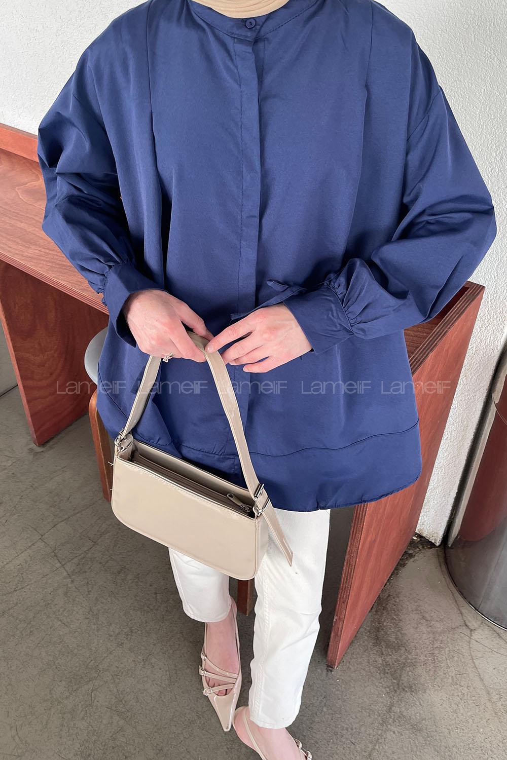 Lamelif Manşeti Biyeli Tunik Lacivert