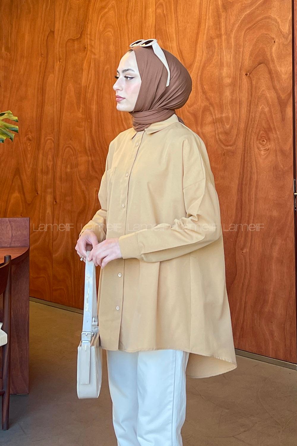 Brown With Milk Shirt Collar Long Arm Cotton Unprinted Shirt