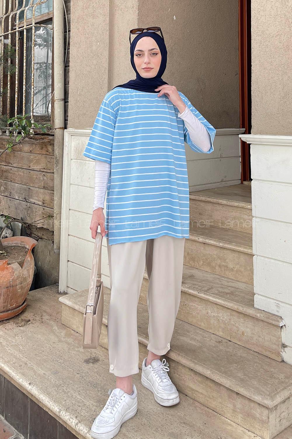 Baby Blue Crew Neck Half Arm Arm Cotton Printed T-shirt