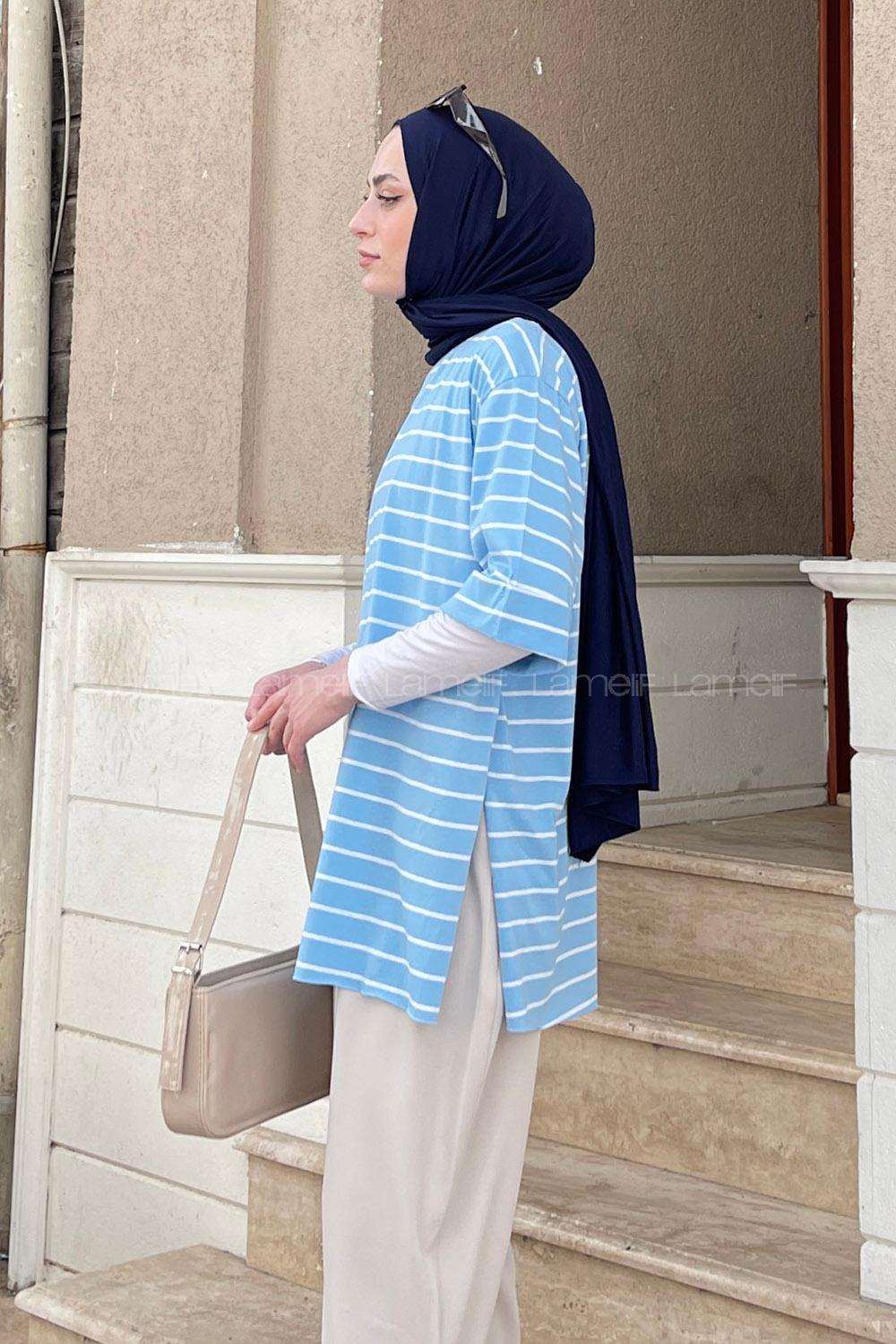 Baby Blue Crew Neck Half Arm Arm Cotton Printed T-shirt