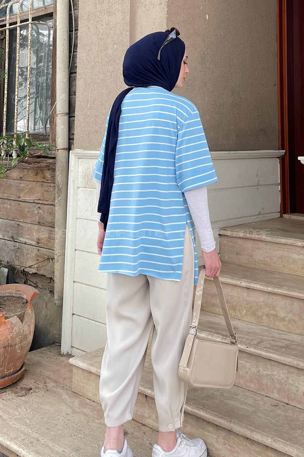 Baby Blue Crew Neck Half Arm Arm Cotton Printed T-shirt