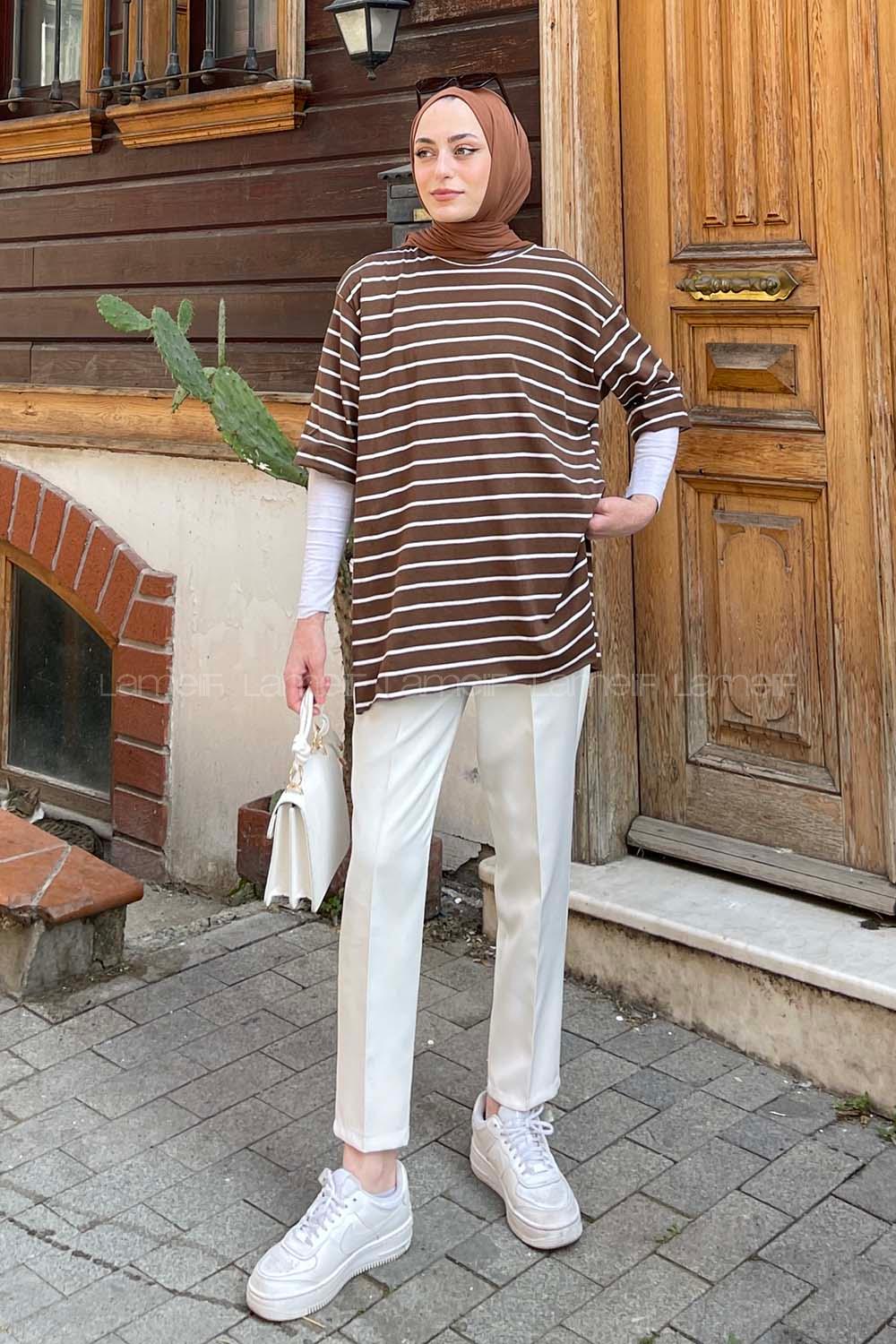 Lamelif Çizgi Desenli T-Shirt Kahverengi